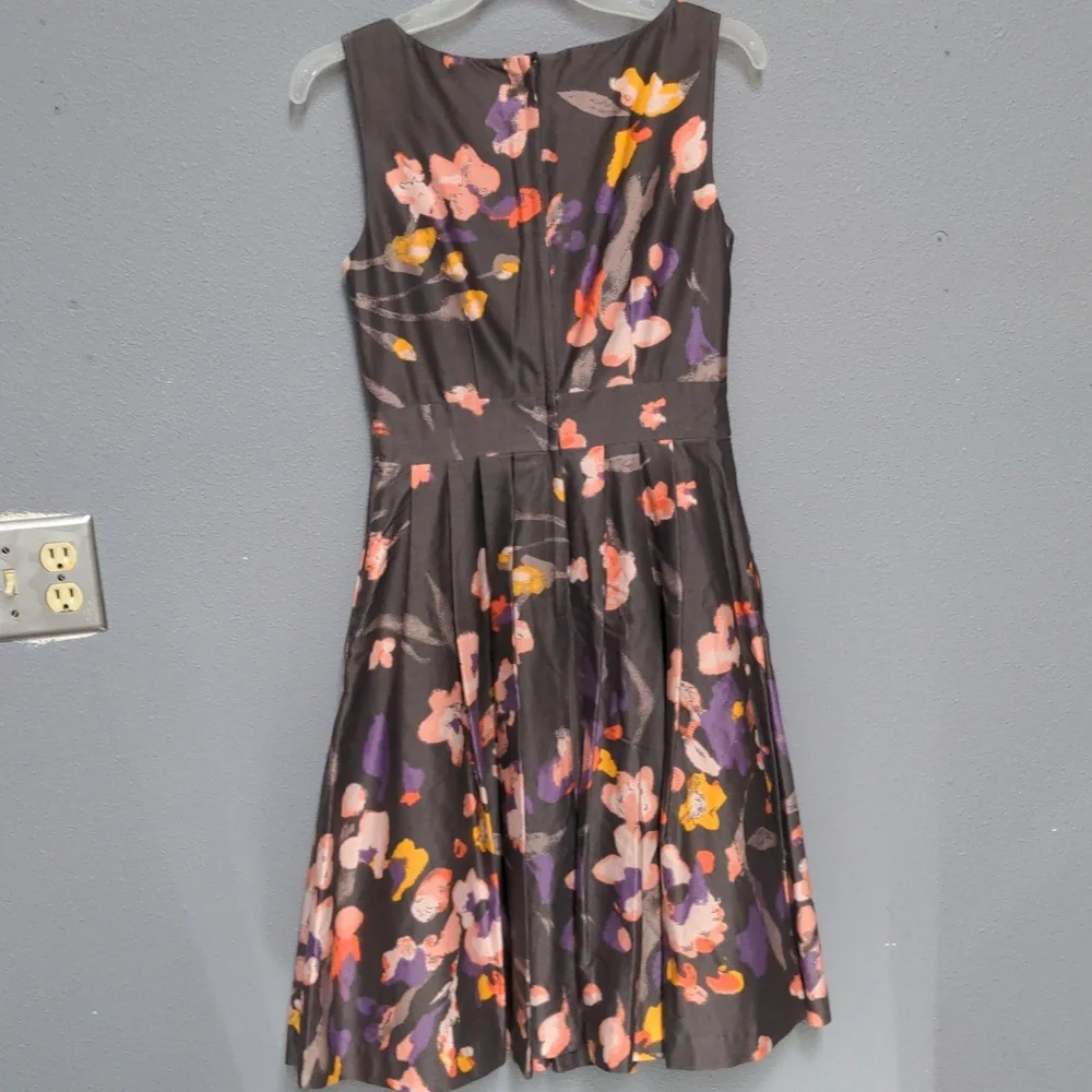 sz 6 Grey floral tea length dress sleeveless pockets fully lined hidden zipper - Picture 8 of 13